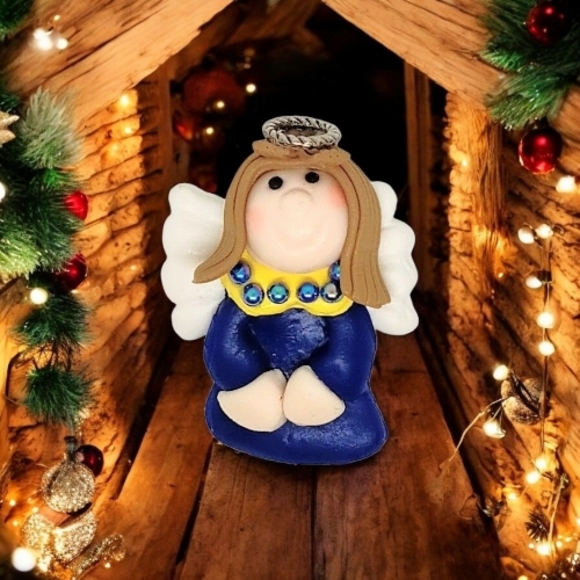 HANDMADE Blonde Angel in Blue & Yellow Dress with Silver Halo Brooch / Pin - Picture 1 of 5